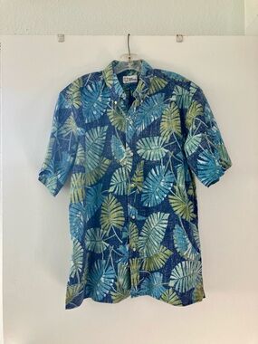 Reyn Spooner Blue & Green Leaf Print Short-Sleeve Aloha Shirt